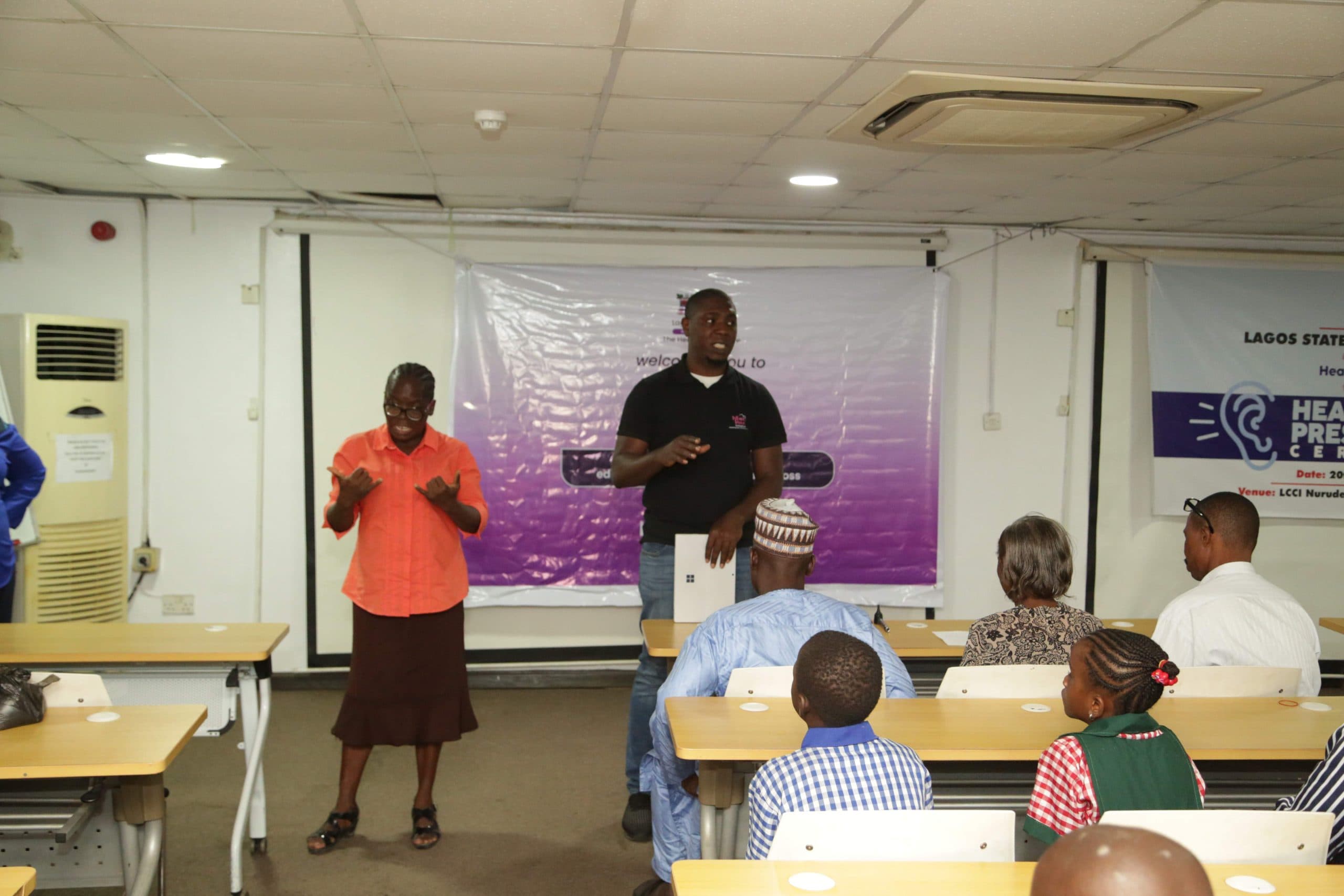 Child receiving care during a hearing and speech assessment